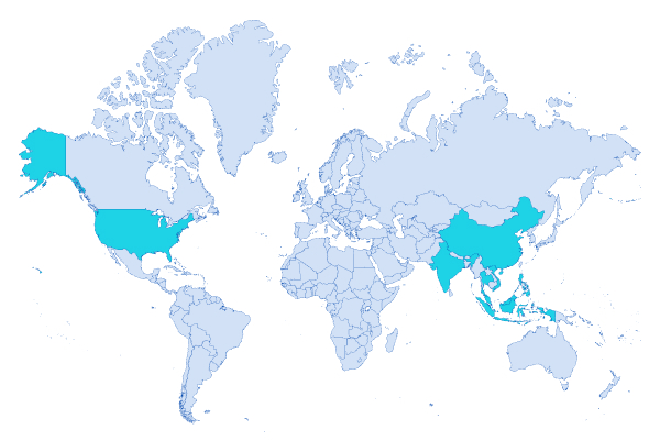 Map outlining The United States and varies countries in Asia 